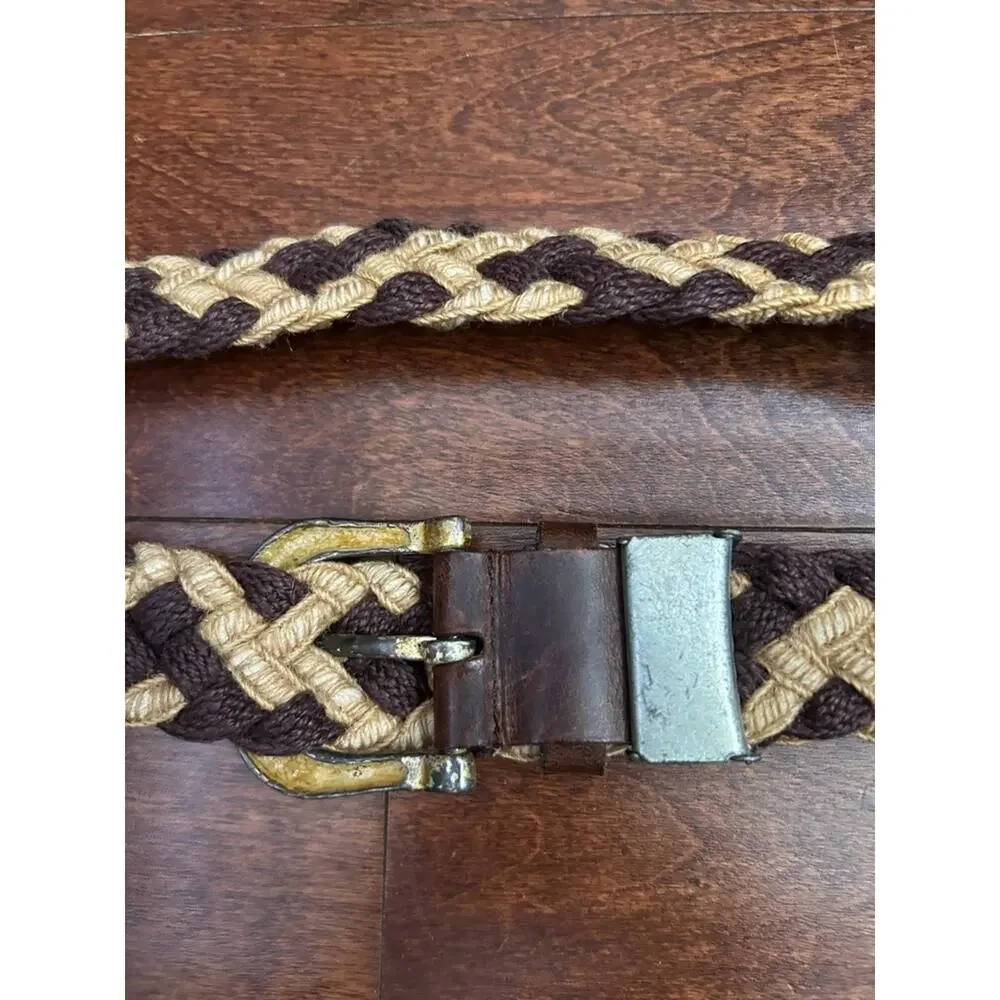 Vintage Braided Fiber and Leather Woven Belt in Brown and Tan with Metal Buckle